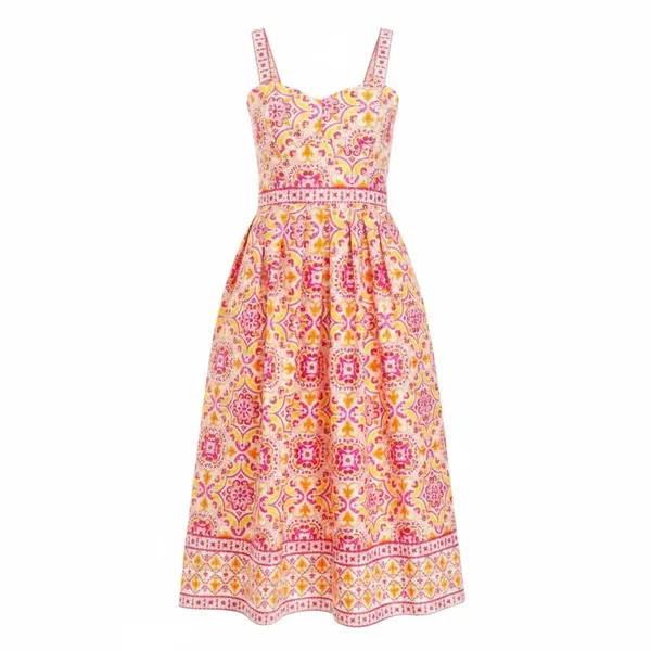 🩷 Maison Tara Medallion Print Midi Dress Size 4 Bright Pink Orange WITH POCKETS - Image 2