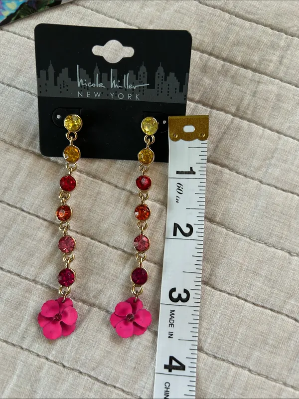 Anthropologie Nicole Miller nwt colorful rhinestone, floral, gold tone, dangle party earrings - Image 7
