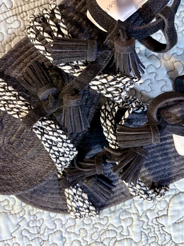 Anthropologie Fringed Rope Tassel Sandals Black White Woven Boho Sandals Sz 8💛 - Image 6
