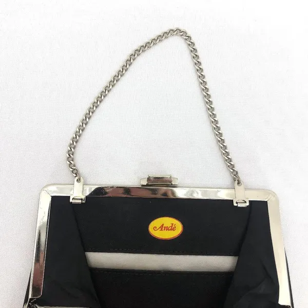 Vintage Ande Black Satin Silver Detail & Chain Clutch Formal Prom Dress Night - Image 3