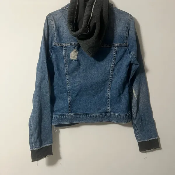 Hollister Women's Denim Distressed Blue Jean Jacket with Hood - Image 2