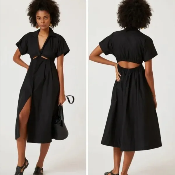 Anthropologie Twist Waist cutout midi Shirtdress black pull on poplin cotton XS - Image 4