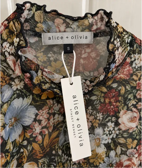 Alice + Olivia Floral Semi-Sheer Mock Neck Long Sleeve Cropped Mesh Top - Image 5