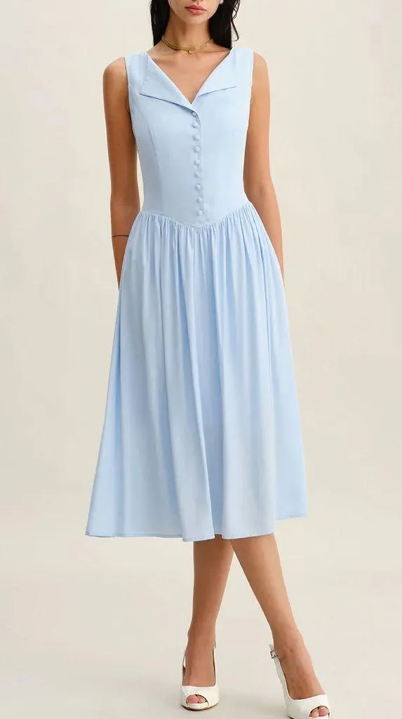 Rihoas Blue V Neck Button Sleeveless Midi Dress - Image 3
