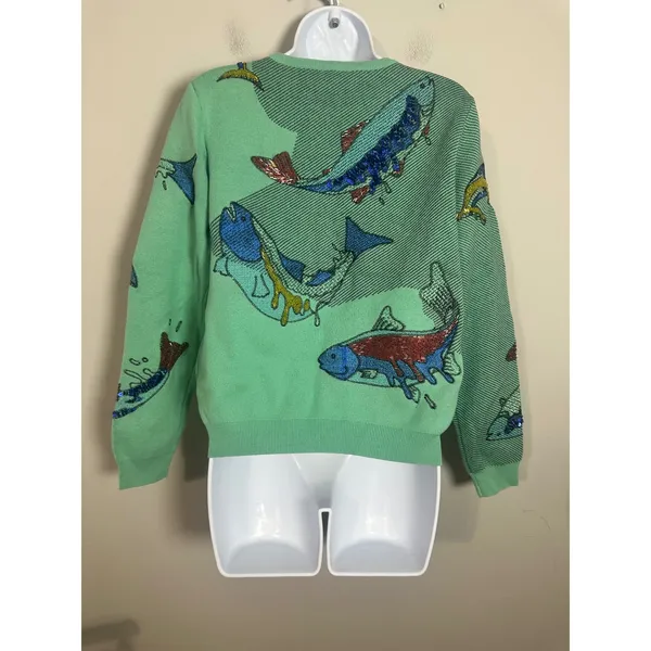 Vintage Style Mint Green Sequin Beaded Fish Knit Crewneck Sweater Large - Image 5