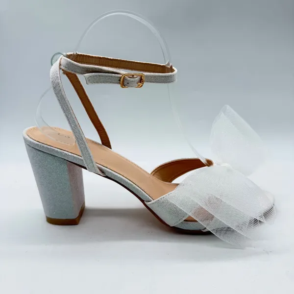White Glitter Block Heel Sandals with Oversized Tulle Bow Ankle Strap Size 9.5 - Image 5