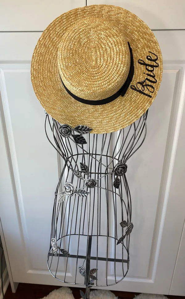 Bride Custom Wicker Straw Hat w/ Black Bow Hand Painted Vynl - Image 3
