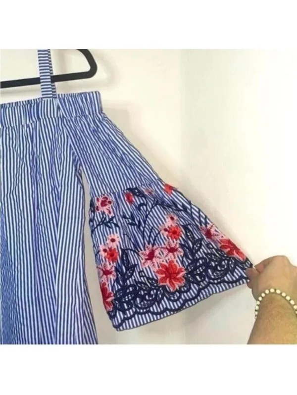 J Howard Blue and White Striped Off The Shoulder Flared Sleeve Dress Floral - Image 3