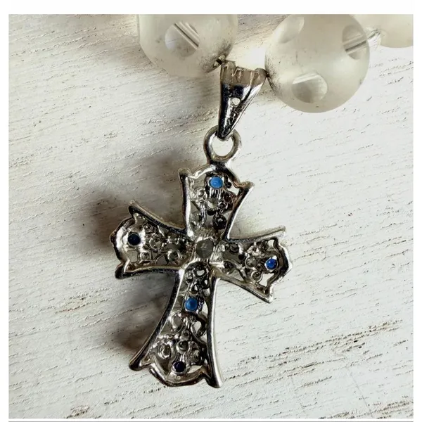 Sterling silver 925 Cross Pendant Frosted Glass Bead Necklace - Image 4