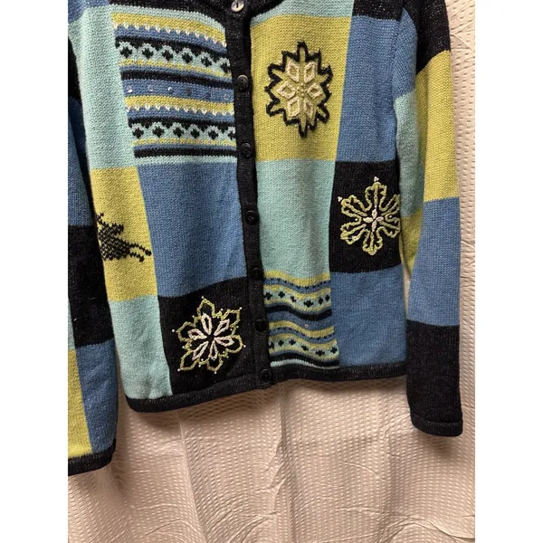 Vintage Christopher‎ & Banks Hand Embroidered Knit Cardigan Women's S Blues Snow - Image 3