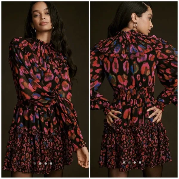 NWT FARM RIO Iridescent Leopard Print Ruffled Mini Dress In Multi‎ Color size XS - Image 2