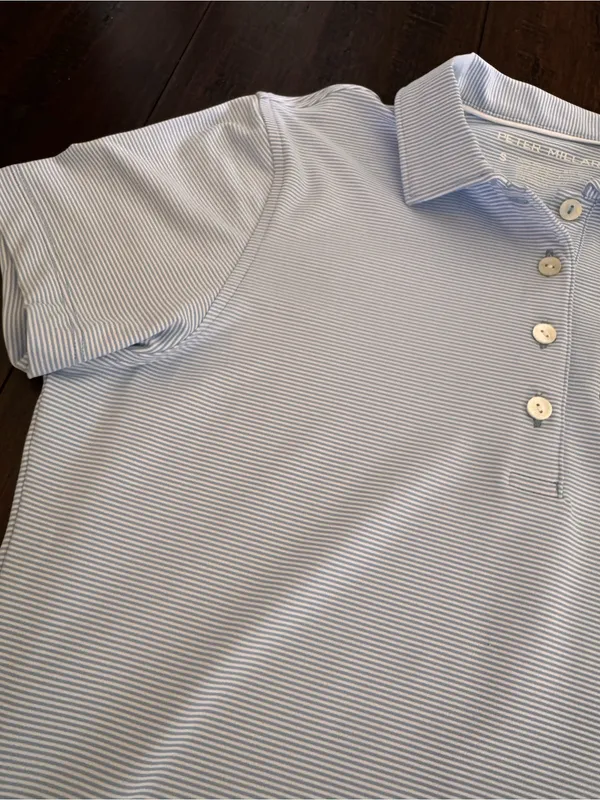Peter Millar Light Blue Striped Polo with  Logo - Image 2
