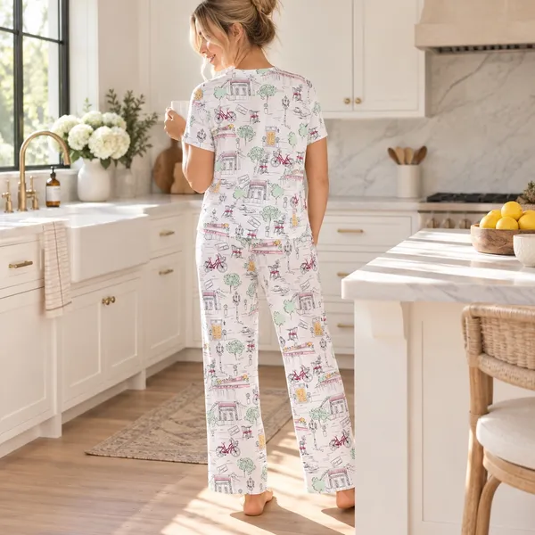 Joyspun Dreamy Soft Paris Cafe Print Pajama Set Short Sleeve Wide Leg Small 4-6 - Image 2