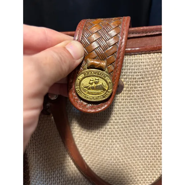Vintage Brahmin Straw Leather Tote Bag Cognac Woven Trim Nautical Medallion - Image 2