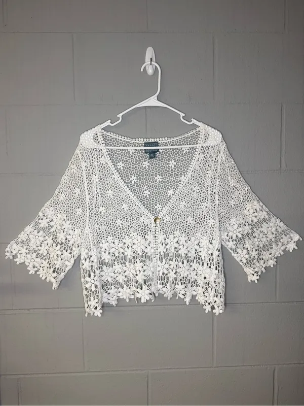 Vintage White Crochet Lace Cotton Cardigan Cover Up Women's XL Boho Cottagecore - Image 4