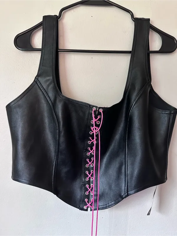 Blackmilk Black Faux Leather Corset Crop Top with Pink Lace-Up - Image 6