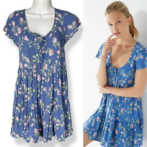 Urban Outfitters Babydoll Dress‎ Floral Mini Button-Up Top Tiered Skirt Feminine - Image 2