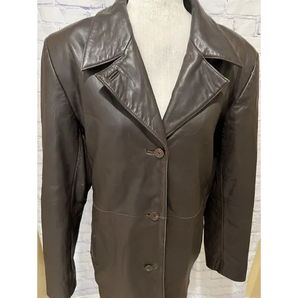 ALFANI Brown GENUINE LEATHER JACKET COAT Button Front Women's Large - Image 2