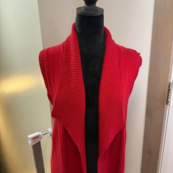 Coldwater Creek Red Sleeveless Long Red Knit Cardigan Cashmere Blend Holiday M - Image 2