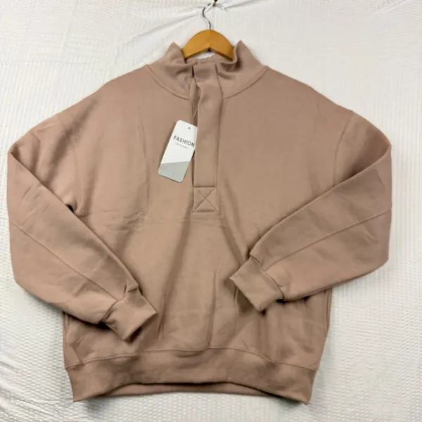 Fashion Be Yourself Tan Mock Neck Button Pullover Sweatshirt Women small - Image 2