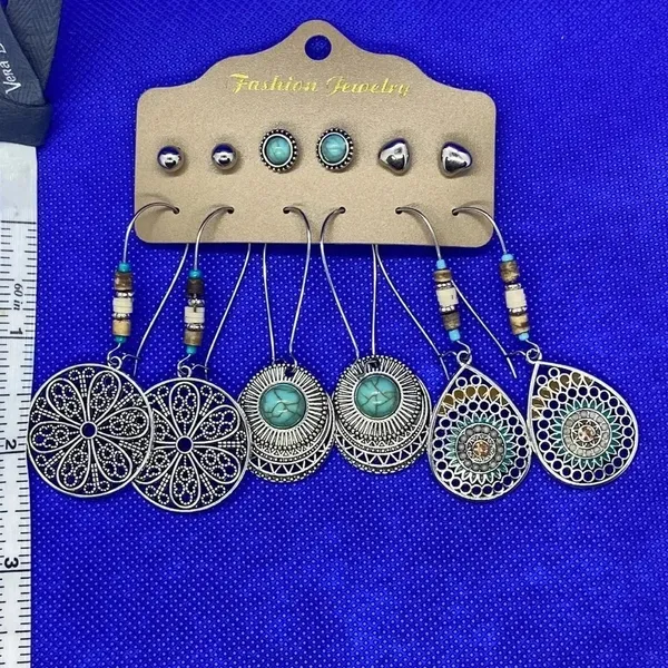 New‎ silver tone boho western faux turquoise earrings 6 pack bohemian - Image 2
