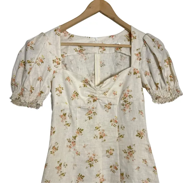 Reformation Gina 100% Linen Cream Floral Print Puff Sleeve Coquette Mini Dress 0 - Image 3
