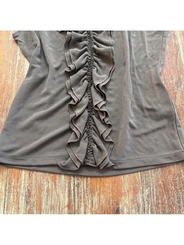 DKNY Olive Green Sleeveless V-Neck Ruffle Blouse Small - Image 3