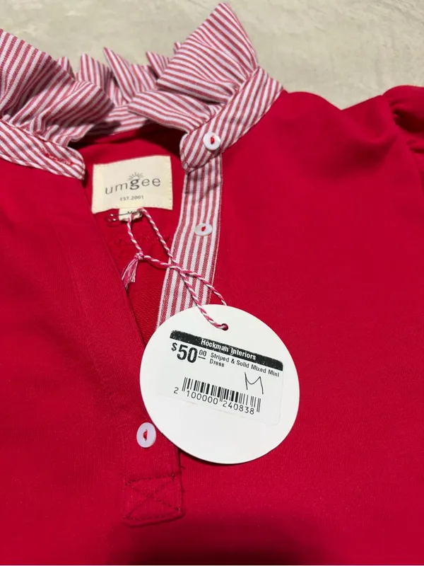 Umgee NWT striped & solid mixed Red Polo mini Dress Ruffle Hem medium MSRP$50 - Image 4