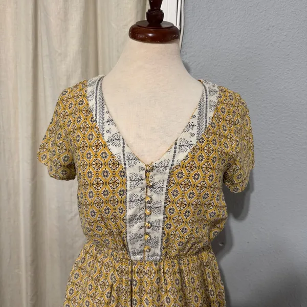 Emberley Women Yellow Geometric Print Maxi Dress Short Sleeve V‎ Neck Bohemian S - Image 4