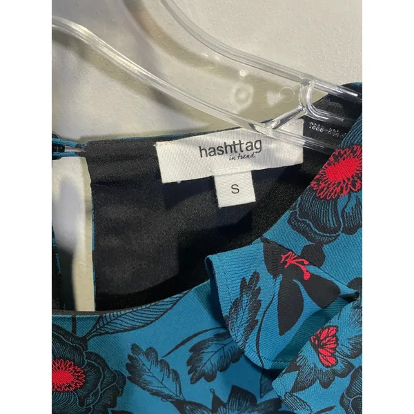 Hashttag in Trend Floral Shift Dress Womens S Teal Blue Ruffle‎ Bell Sleeve Mini - Image 4