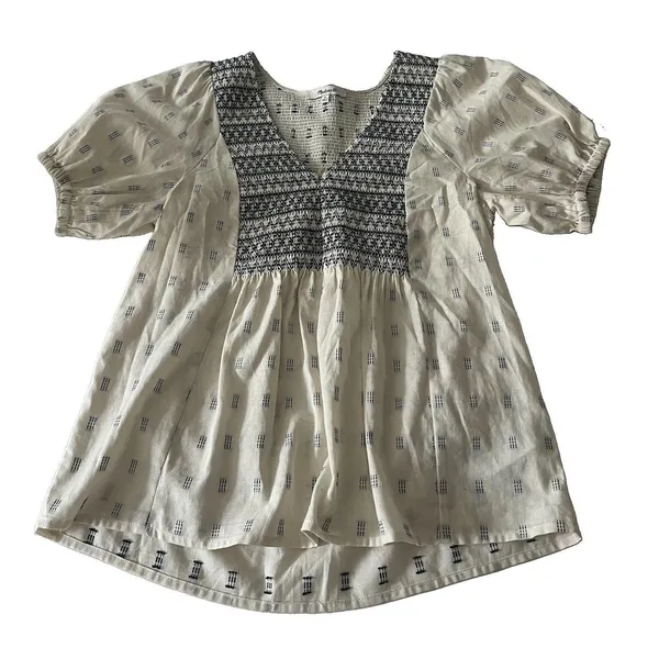 Madewell Embroidered Smocked V Neck Puff Sleeve Peasant Top Cream Navy XS - Image 2