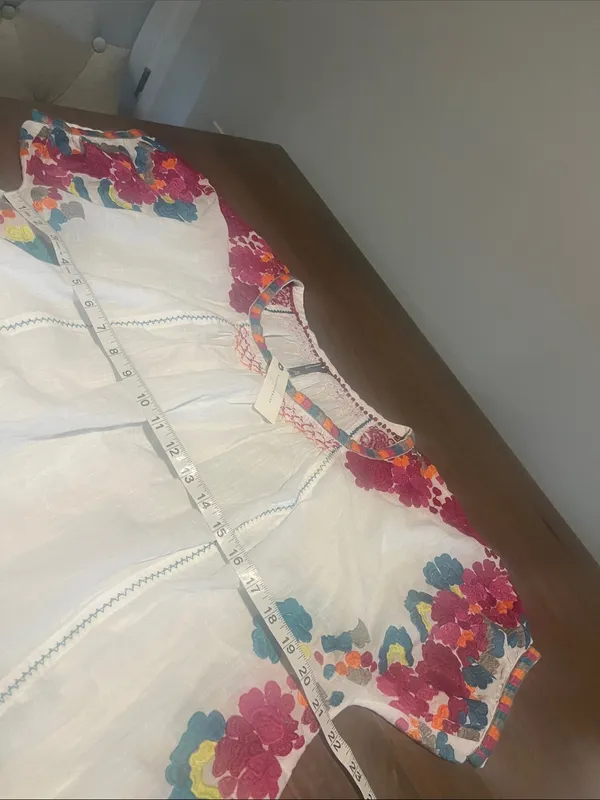 Anthropologie White Peasant Blouse with Pink Teal Yellow Floral Embroidery S NWT - Image 5