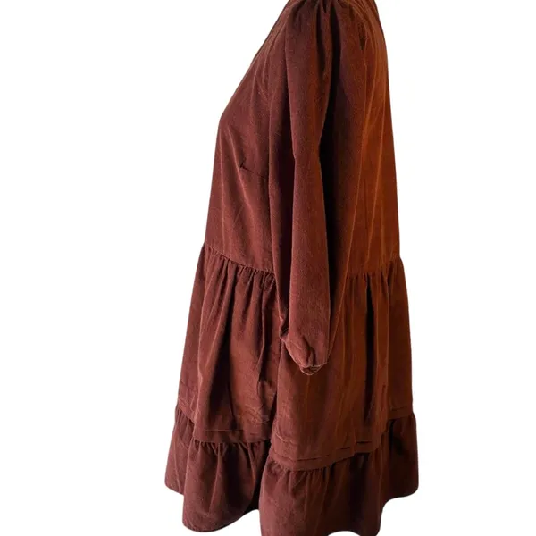 Brown cotton dress with tiered skirt and 3/4 sleeves, size M (8-10) - Image 3