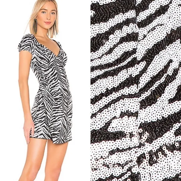LPA Pinched Wrap Sequins Mini‎ Dress in Zebra Black White Sz XS - Image 3