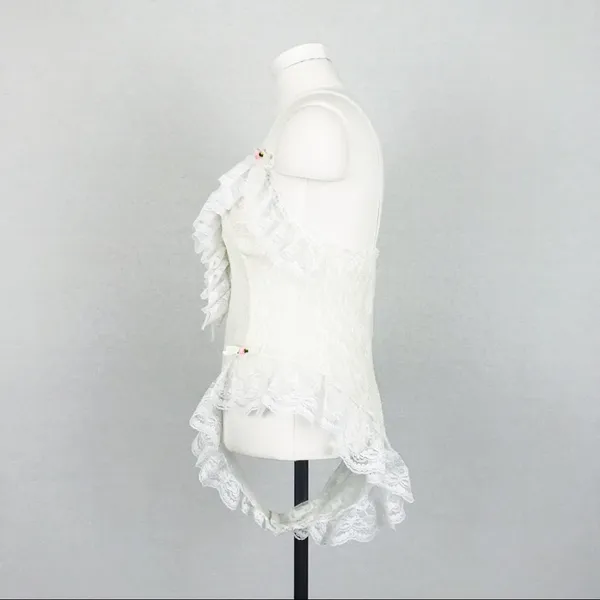 Vintage Ruffled Lace-Up Lace Bodysuit Lingerie in White | Size S - Image 9