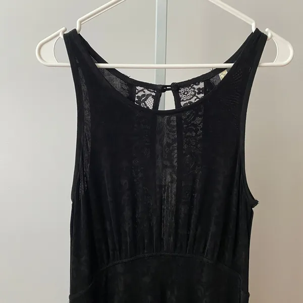 Free People Large Black Mini Dress Lace Back Floral‎ Textured Fit and Flare Boho - Image 2