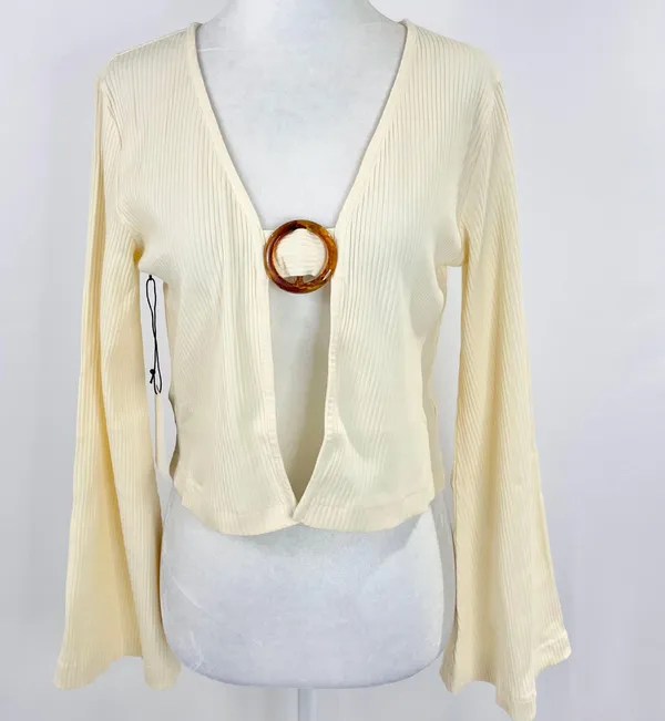 Callahan New Open Front Ring Bell Sleeve Ribbed Vera Top Creme - Image 6