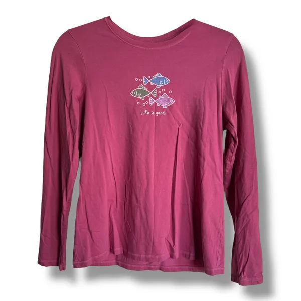 Life is Good Womens Small Long‎ Sleeve Mauve Pink Tee Fish - Image 3