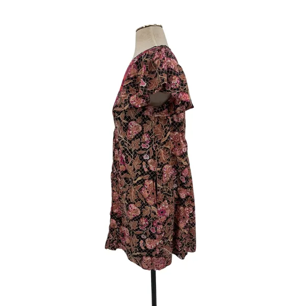 Anthropologie Floral Printed Tunic Dress Mixed Print V Neck Black Brown Size XXS - Image 5