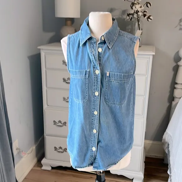 Riders By Lee Denim Jean Top Womens Small Button Down Collar Shirt Sleeveless Cotton - Image 5