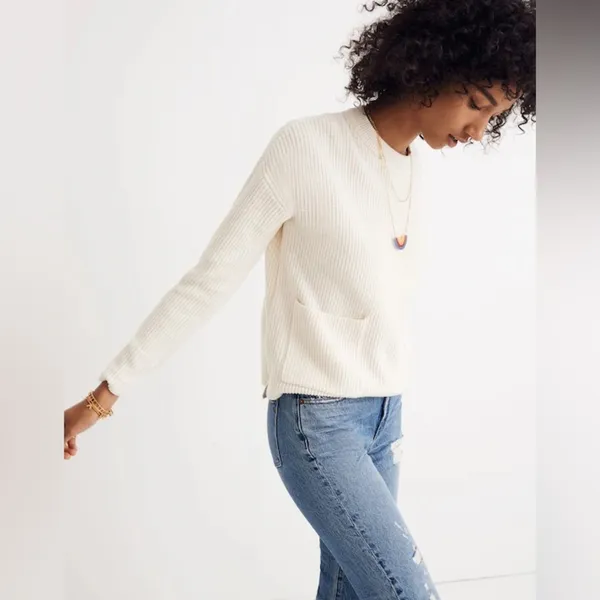 Madewell Bright‎ Ivory Knit Patch Pocket Pullover Sweater J8782 - Image 10