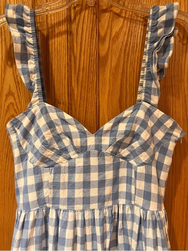 English Factory Sweetheart Neck Ruffle Gingham Midi Dress Blue White Size Medium - Image 5