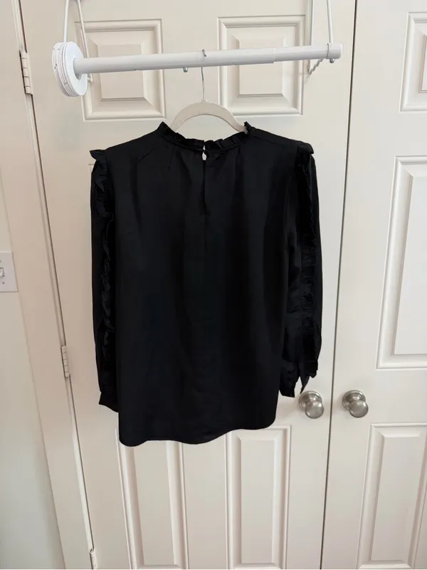 J. Crew Black Satin Ruffle-Trim Blouse - Image 3