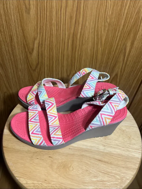 CROCS Pink Wedge Sandals with Chevron Multi-Color Straps - Image 2