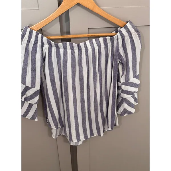 Moa Moa‎ Womens Off The Shoulder Striped Ruffle Sleeve Blouse Navy White Small - Image 2