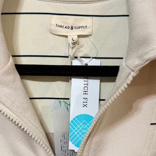 Thread & Supply Paris Stripe Quarter Zip Sleeveless Sweatshirt Cream Navy L - Image 3