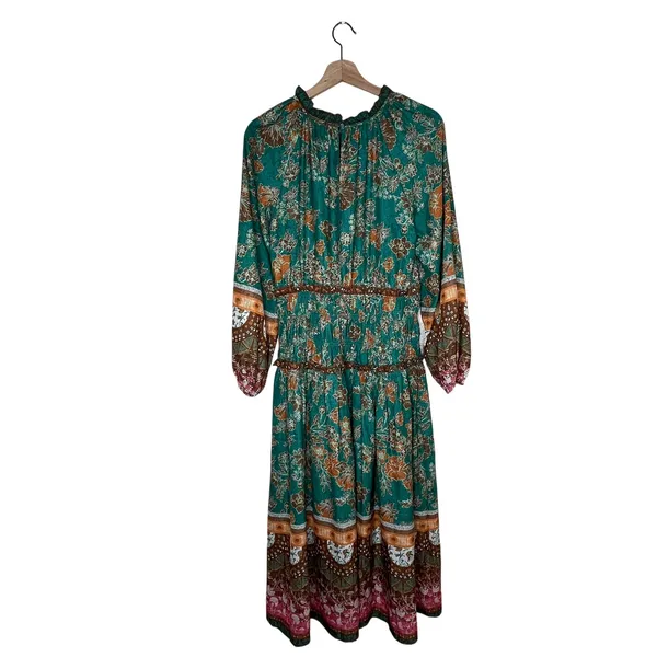 Current Air Los Angeles Green Floral Smocked Midi Dress Boho Velvet Trim Small - Image 2