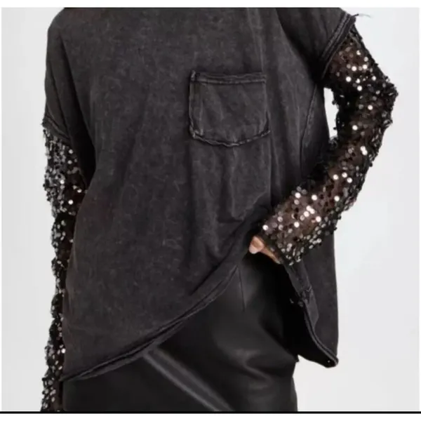 Free People Celine Sequin Sleeve T-Shirt Womens Sz XS Holiday New Years Sheer - Image 2