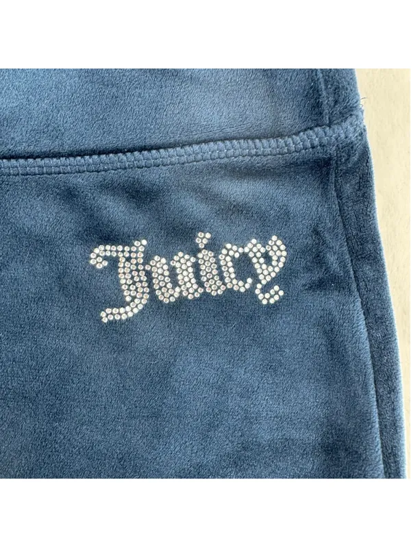 Juicy Couture Navy Blue Velour Track Pants Rhinestone Logo Straight Leg Sz Large - Image 2