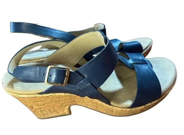 CLARKS Womens Size 10 Blue Cork Wedge Platform Leather Sandals Shoes Comfortable - Image 12
